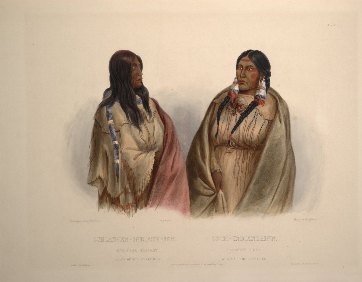 Käärme -heimon nainen ja Cree -heimon nainen tekijältä Karl Bodmer
