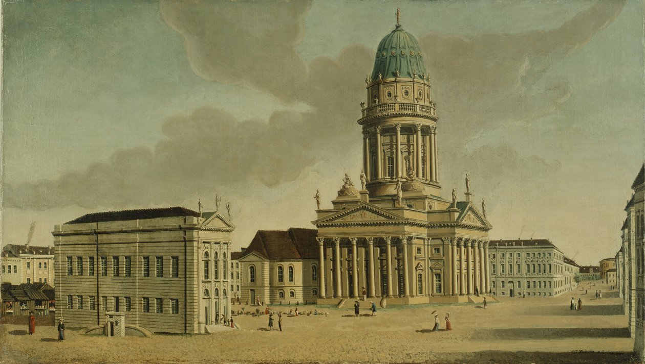 Näkymä Gendarmenmarktille ranskalaisella leikkimökillä ja katedraalilla, Berliini, 1788 tekijältä Karl Friedrich Fechhelm