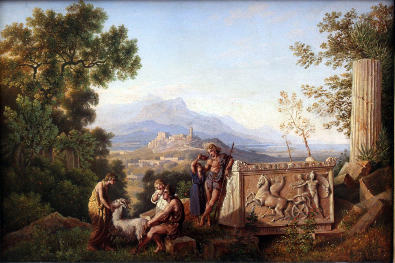 Kreikkalainen fantasia maisema ja lepäävä paimen tekijältä Karl Friedrich Schinkel