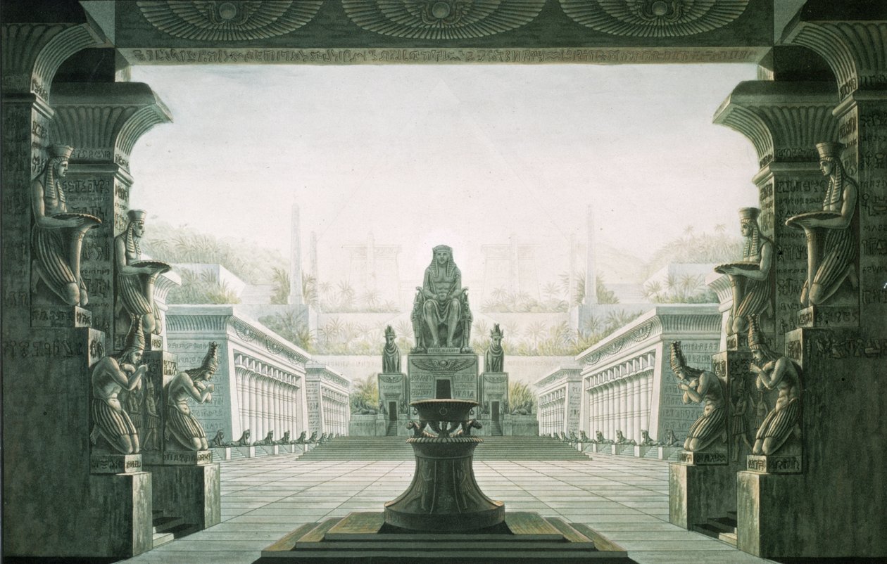Lavastus Wolfgang Amadeus Mozartin (1756-91) Taikahuilun viimeiseen kohtaukseen tekijältä Karl Friedrich Schinkel
