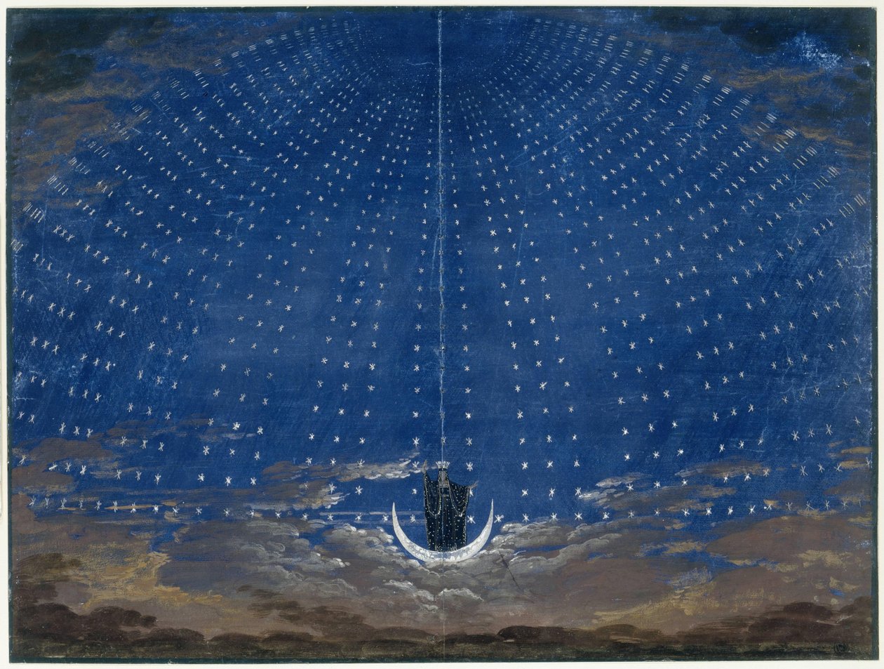 Lavastus Yön kuningattarelle (Mozartin taikuushuilussa) tekijältä Karl Friedrich Schinkel