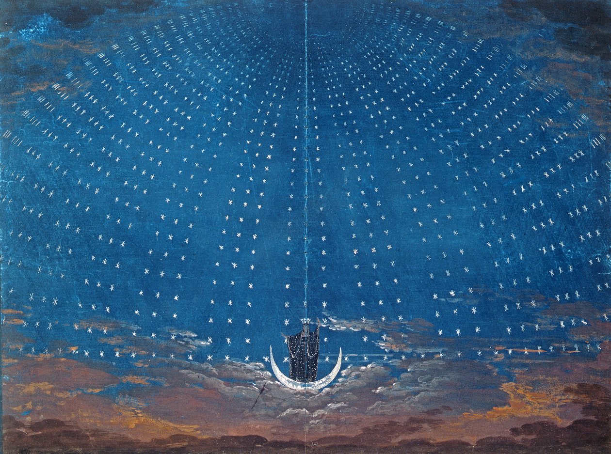 Yön kuningattaren palatsi, lavastus Wolfgang Amadeus Mozartin (1756-91) "Taikahuilulle" Berliinissä 1816 tekijältä Karl Friedrich Schinkel