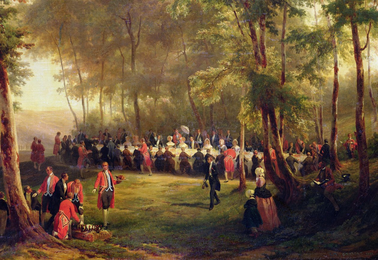 Louis-Philippen tarjoama lounas kuningatar Victorialle EU:n metsässä, 6. syyskuuta 1843, 1844 (yksityiskohta 60678) tekijältä Karl Girardet
