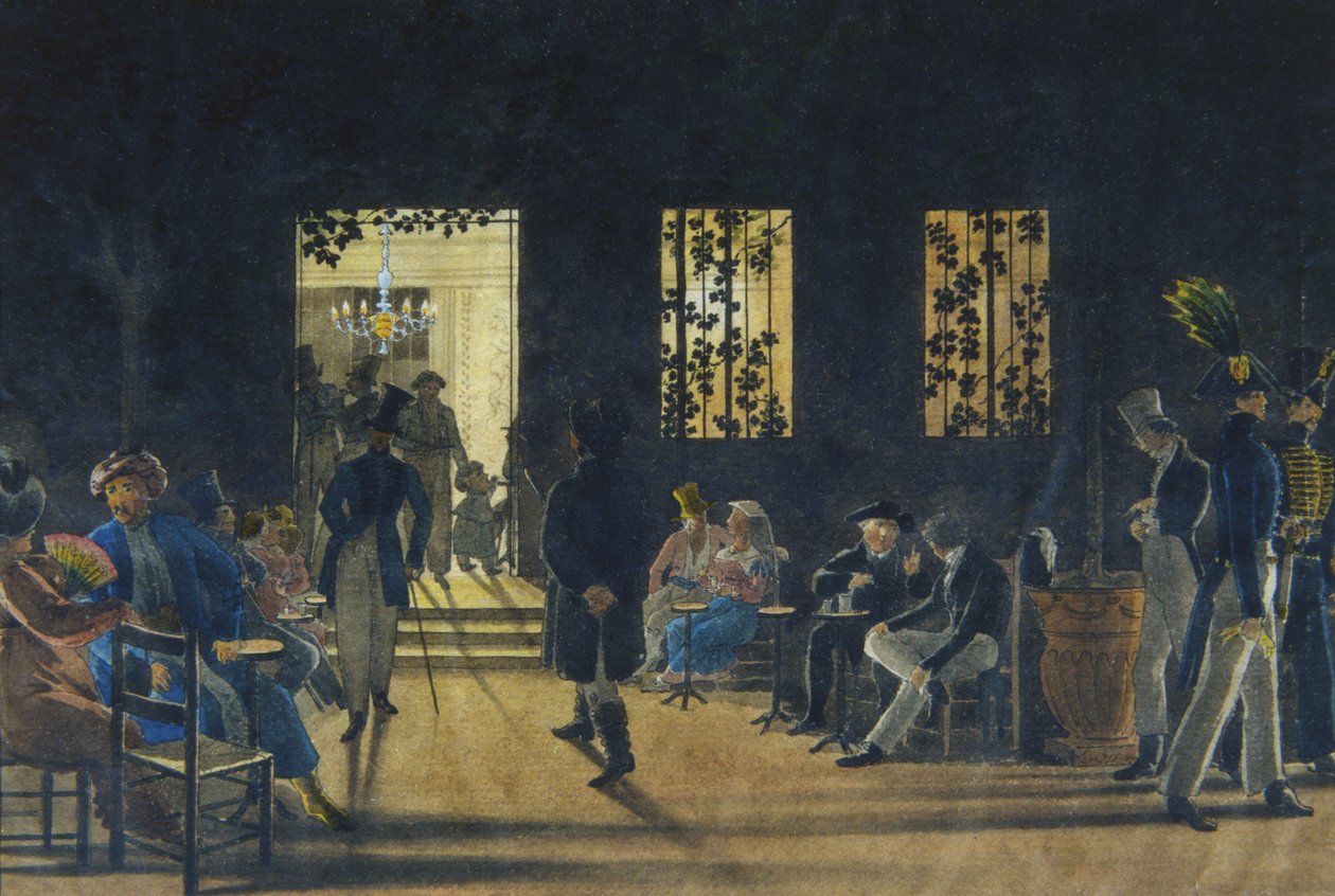 Café Nuovon Boscareccia-huone, Palazzo Ruspoli, Rooma, 1827 (wc paperilla) tekijältä Karl Johan Lindstrom