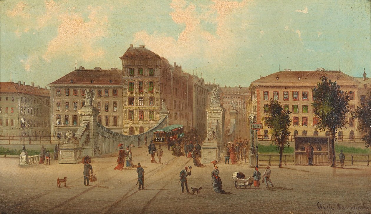 Die Aspernbrucke in WiennDeutsch: Belebte Strassenszene mit Strassenbahn in Wien, 1878. Blick uber die Fahrbahn der Aspernbrucke zum linken Ufer des Donaukanals, zu den Hausern der Unteren Donaustrasse und in die Asperngasse heute Aspernbruen. Linkki tekijältä Karl Kaufmann