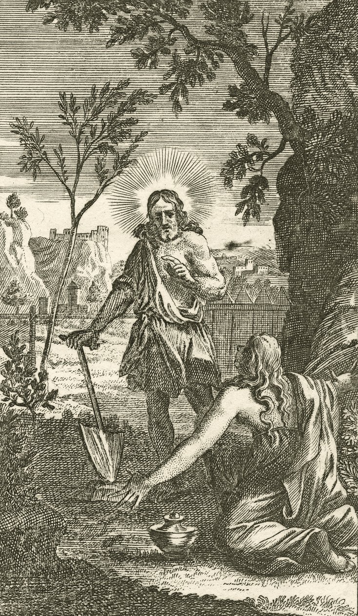 Jeesus esiintyy Maria Magdalenan puutarhurina, saksalaisesta hartauskirjoituksesta vuodelta 1709 (kuparilevykaiverrus) tekijältä Karl Remshard