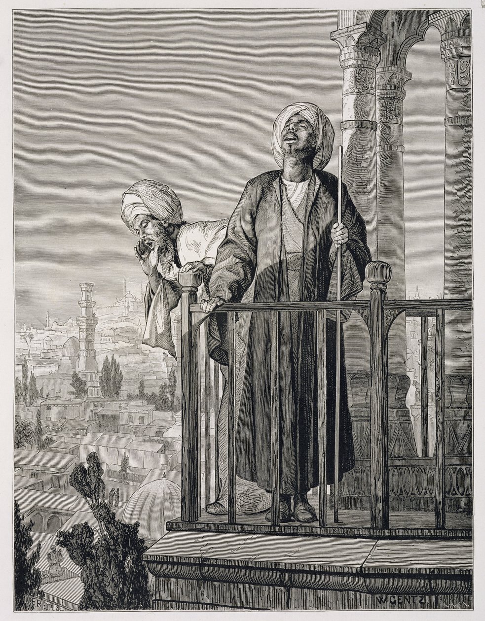 Muezzinin kutsu rukoukseen, 1800-luku (kaiverrus paperille) tekijältä Karl Wilhelm Gentz