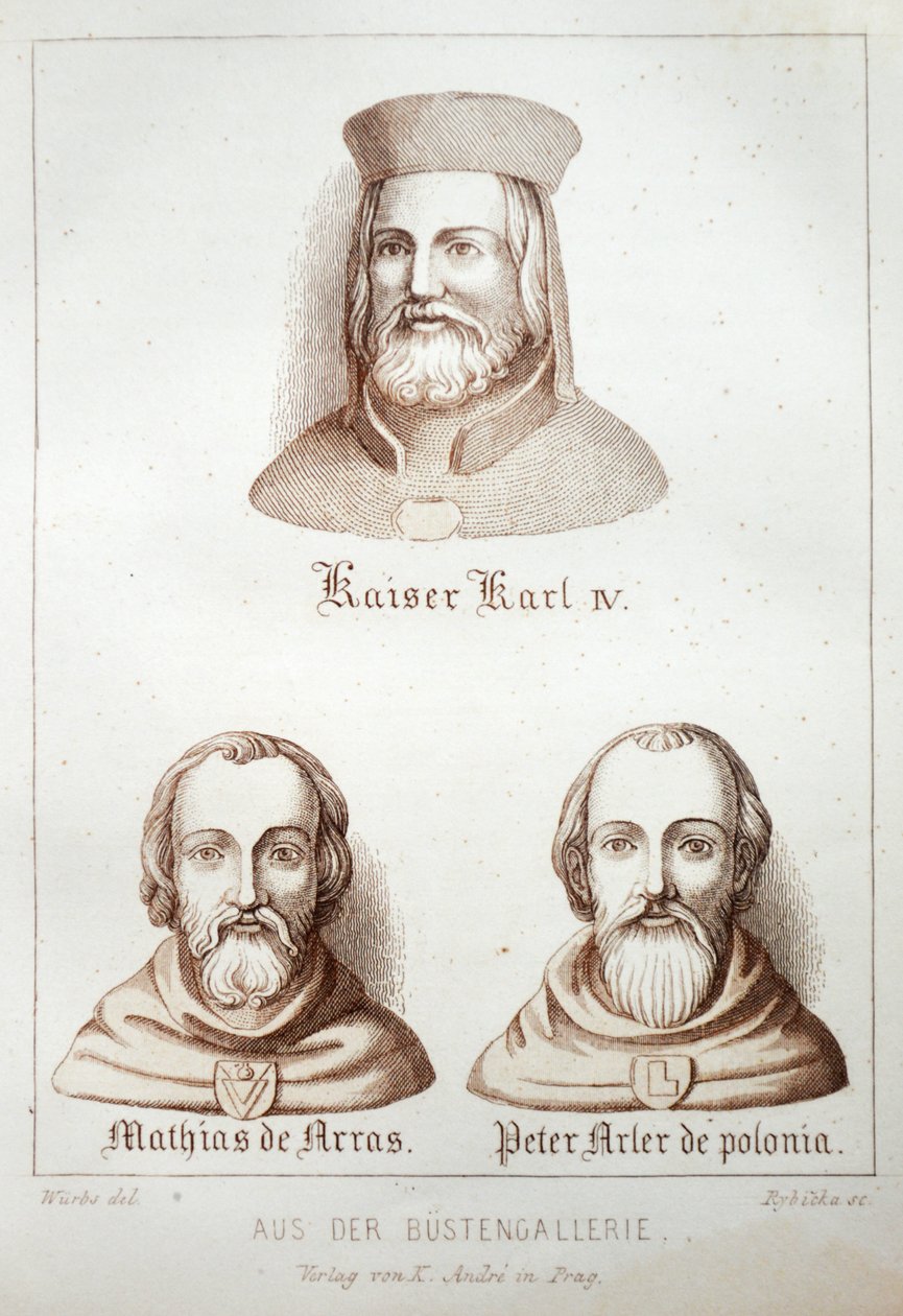 Kuvitus kirjasta Der Dom zu Prag vuodelta 1858, jossa esitetään rintakuvat Pyhän Vituksen katedraalin galleriassa. tekijältä Karl Wurbs