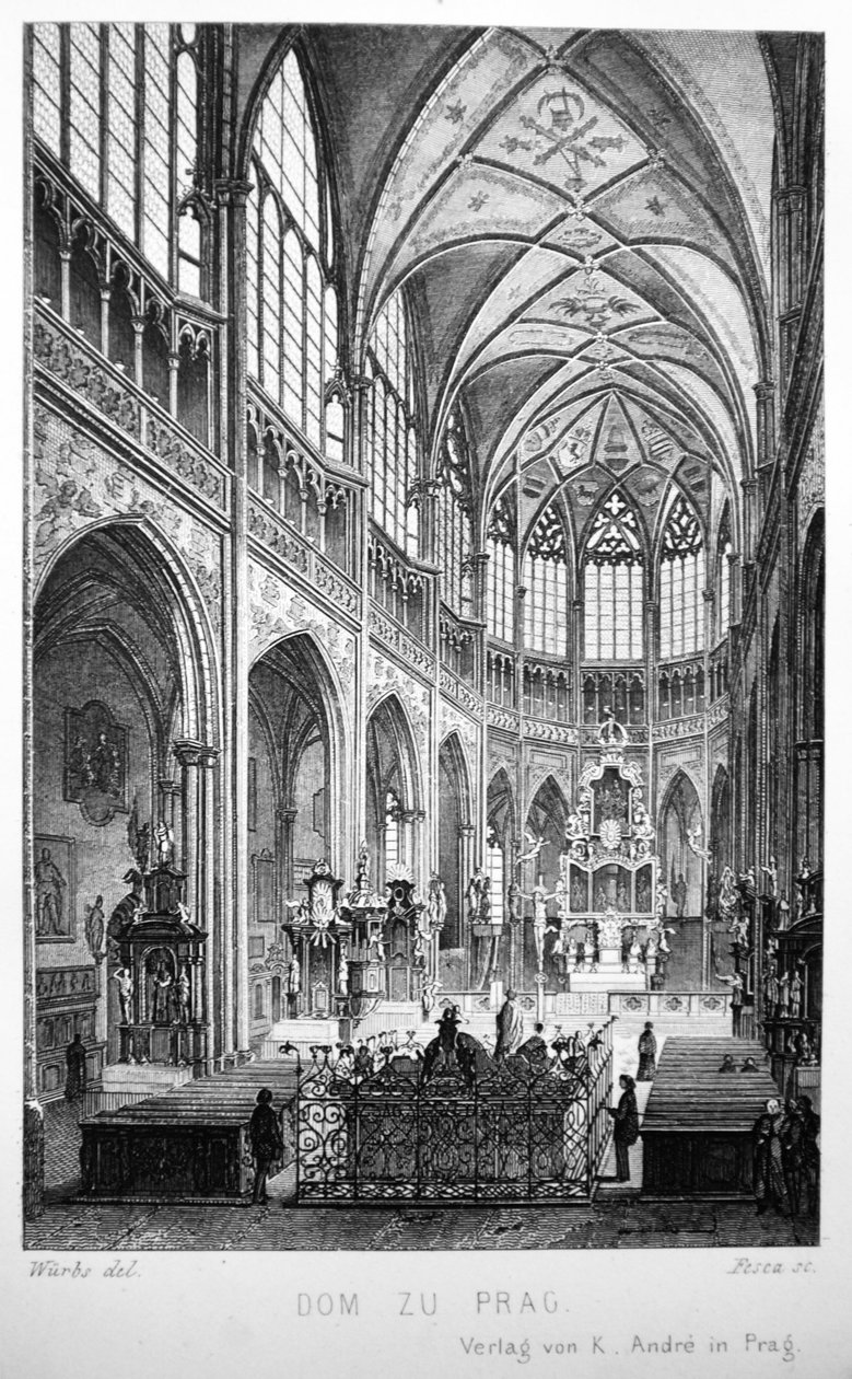 Kuvitus kirjasta Der Dom zu Prag vuodelta 1858, jossa on Pyhän Vituksen katedraalin sisätilat. tekijältä Karl Wurbs