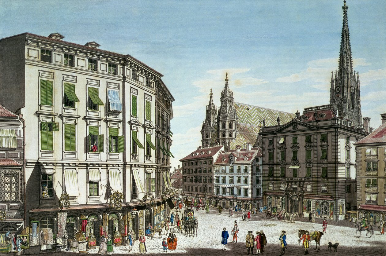 Stock-im-Eisen-Platz, taustalla Pyhän Tapanin katedraali, taiteilijan kaivertama, 1779 tekijältä Carl Schütz