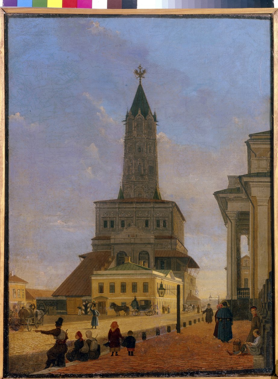 Sukharevin torni Moskovassa. Rakennettu vuonna 1695, arkkitehti Tchoglokov ja purettu vuonna 1934, se sijaitsi puutarhakehän ja Stretenka-kadun kulmassa. Karl Petrovich Bodri (1812-1894) maalaus öljy kankaalle tekijältä Karl Fridrikh Petrovich Bodri
