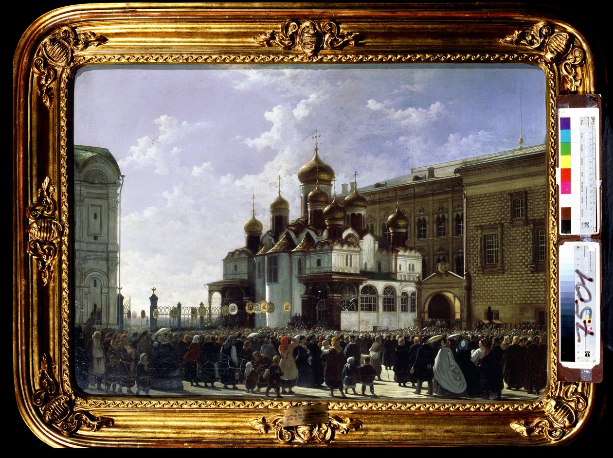 Pääsiäiskulkue Marian ilmestyksen katedraalissa Moskovassa. Karl Petrovich Bodri (1812-1894) maalaus. Öljy kankaalle, 61 x 85 cm tekijältä Karl Fridrikh Petrovich Bodri