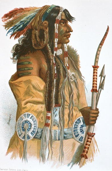 Mandanilainen intiaani, n. 1833-34 (värilitho) tekijältä Karl (after) Bodmer