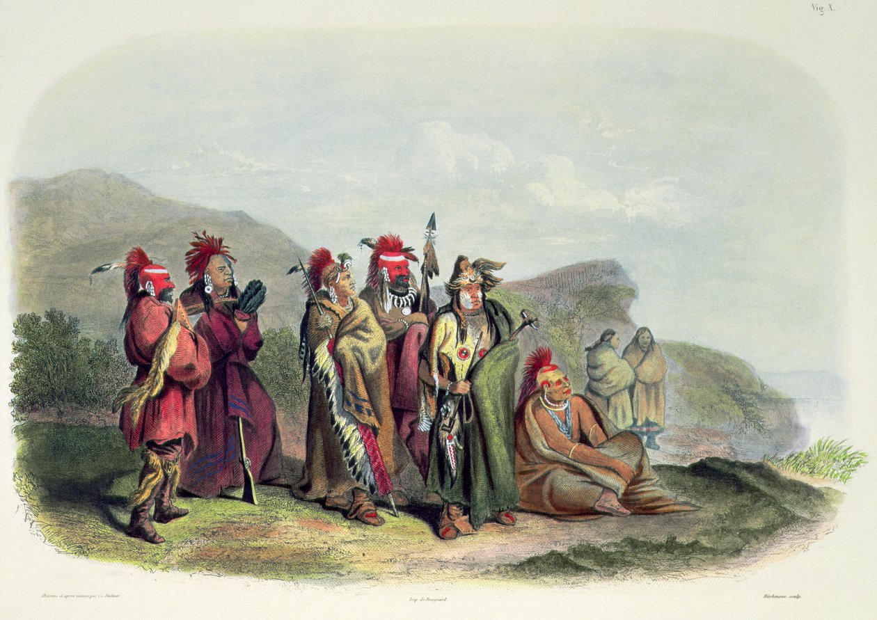 Saukie- ja kettuintiaanit, levy 20 teoksen "Travels in the Interior of North America" niteestä 1. tekijältä Karl (after) Bodmer