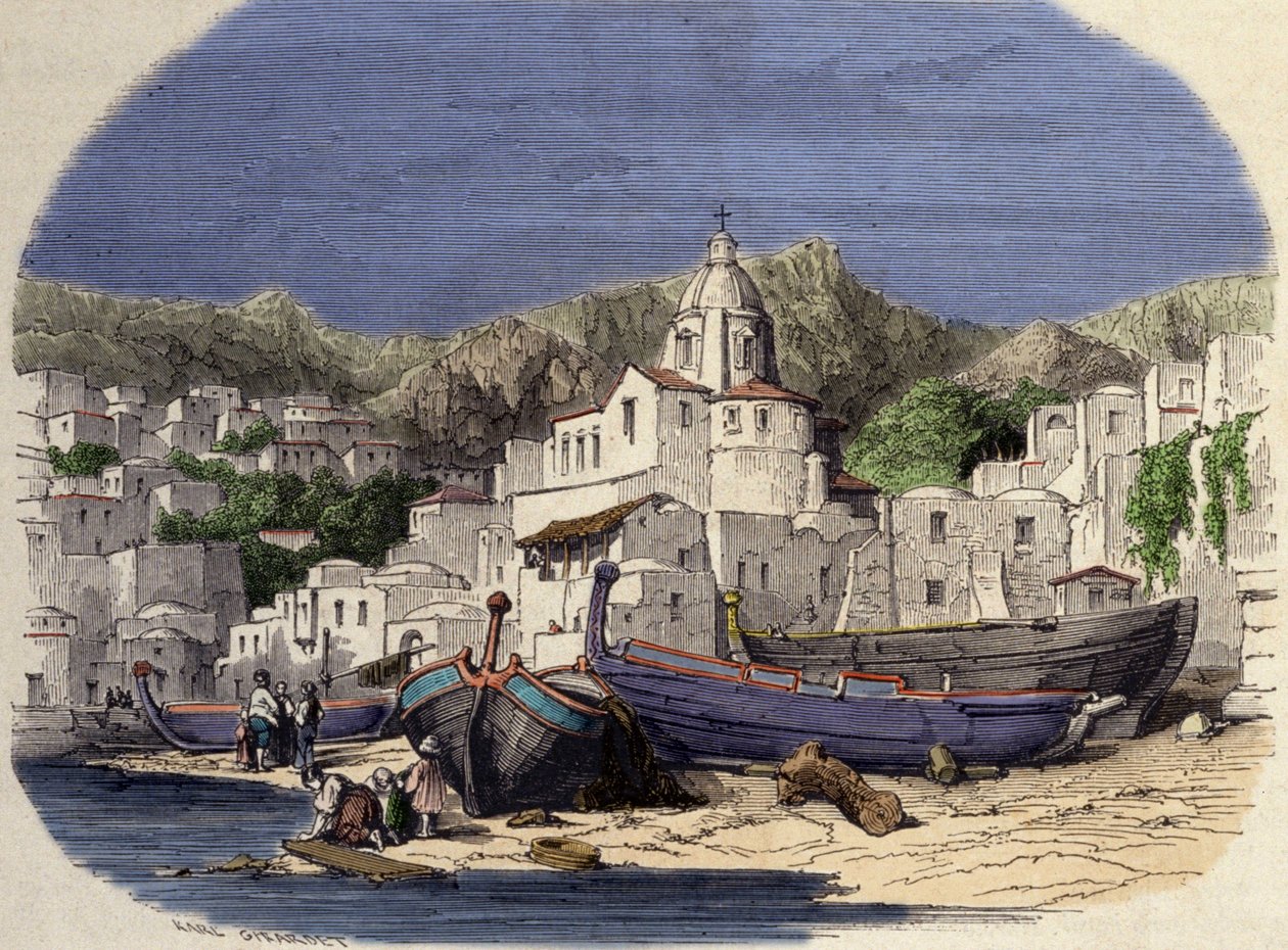 Näkymä Positanoon Italiassa 1800-luvun lopulla Girardetin jälkeen. tekijältä Karl (after) Girardet