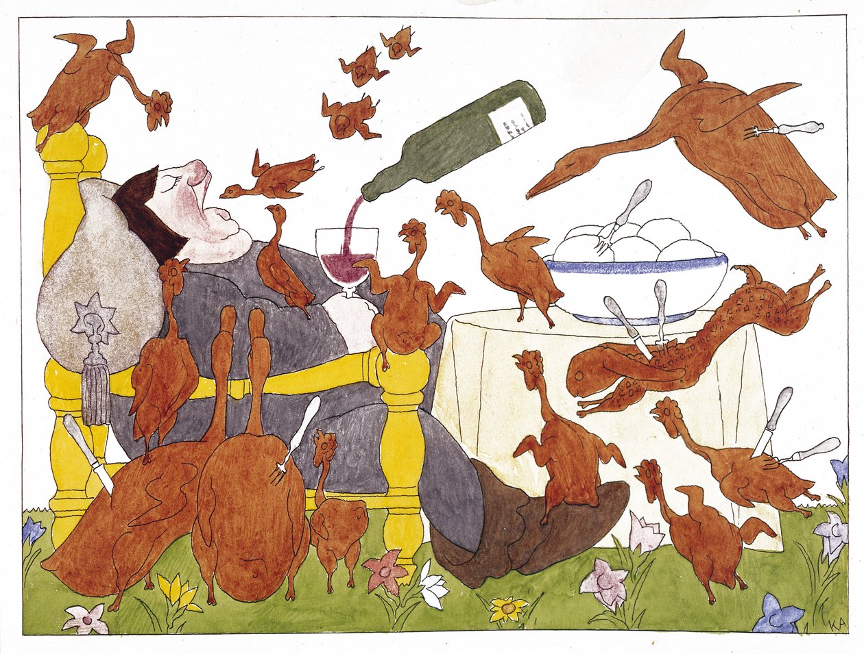 Kuvitus Hans Sachsin (1494-1576) teoksesta "Schlaraffenland" (tussi ja akvarelli paperille). tekijältä Karl Arnold