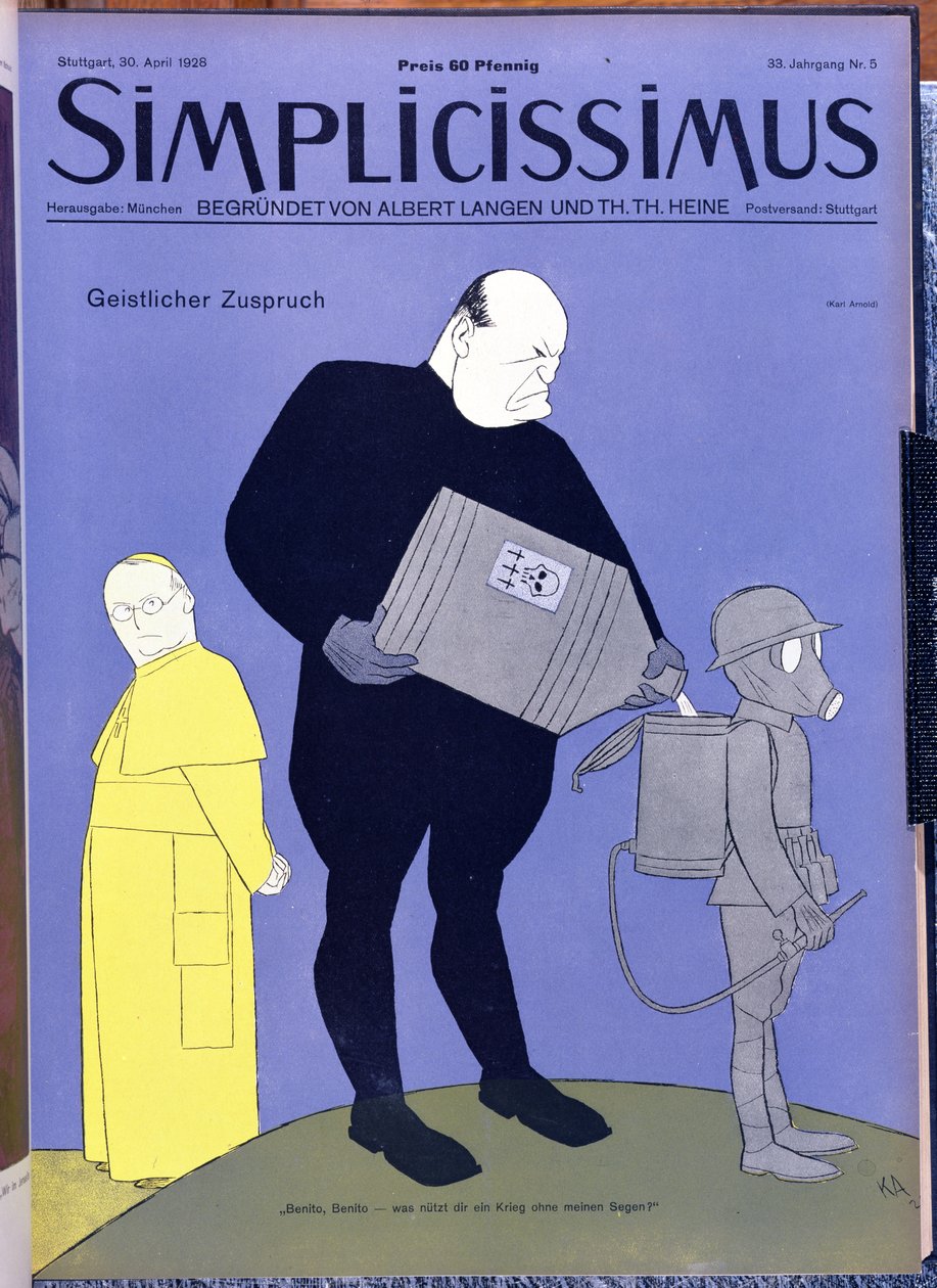 Paavi Pius XI (1857-1939) ja Benito Mussolini (1883-1945) Simplicissimus-lehden etukannessa, 30. huhtikuuta 1928 (värilitografia). tekijältä Karl Arnold