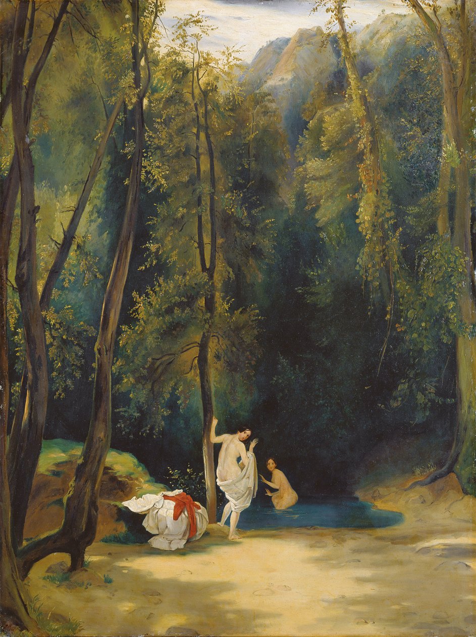 Naiset uimassa Ternin puistossa, n. 1828-29 (öljy kankaalle) tekijältä Karl Blechen