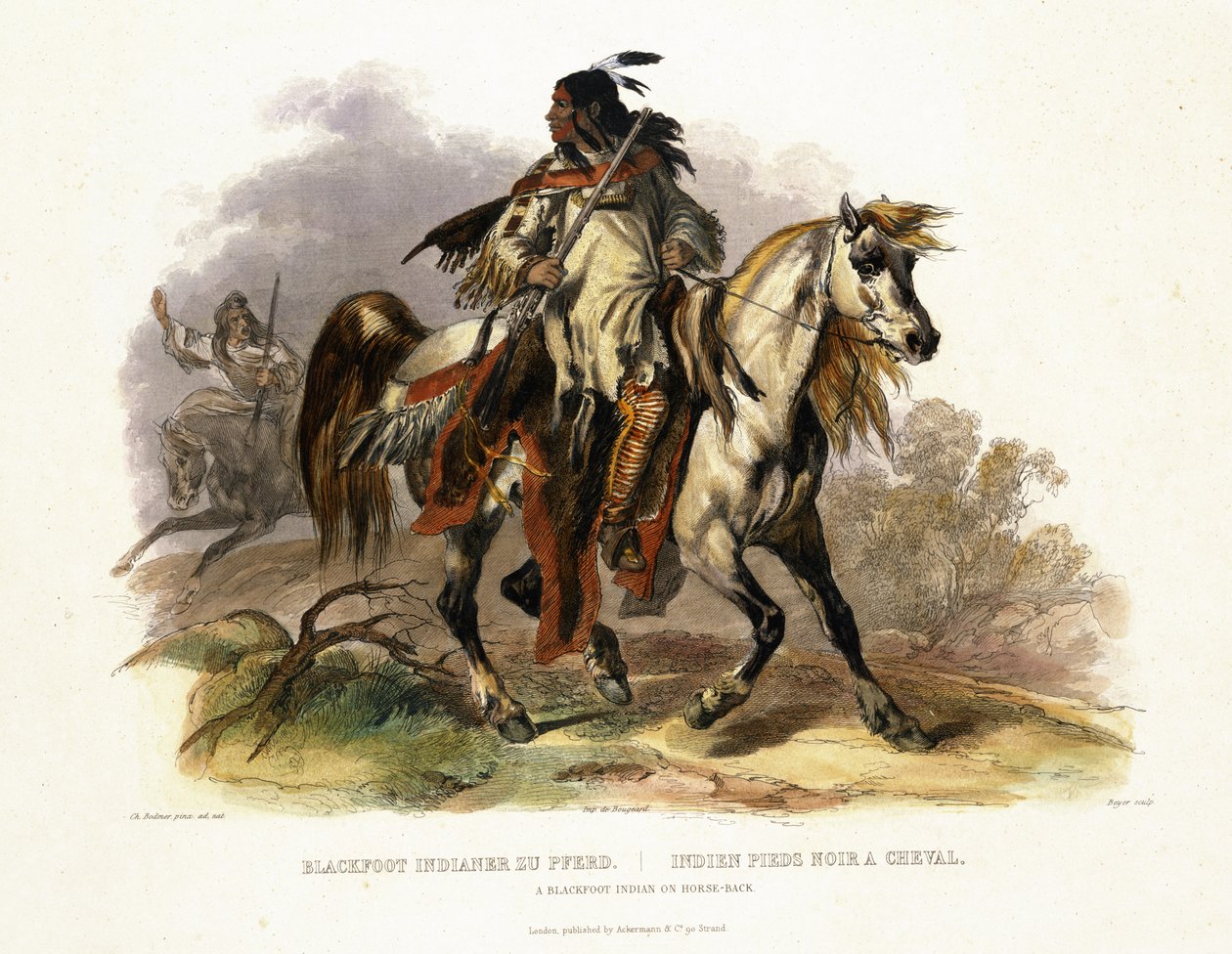 Mustajalkaintiaani hevosen selässä, levy 19 kirjan "Travels in the Interior of North America" 1. osasta, kaiverrus Leopold Beyer (1784-n.1870) 1843 (akvatinta) tekijältä Karl Bodmer
