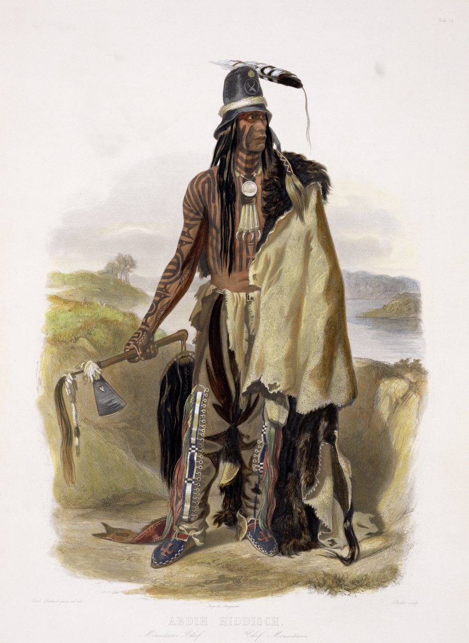 Abdih Hiddisch, minitarren päällikkö, levy 24 kirjan "Travels in the Interior of North America" 2. osasta, kaiverruksella Rollet, 1844 (akvatinta) tekijältä Karl Bodmer