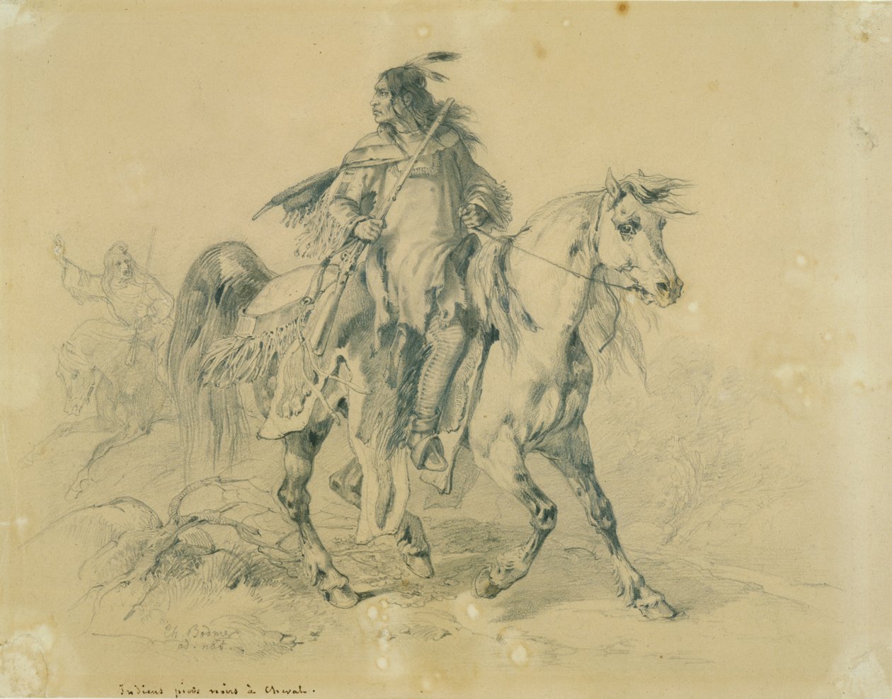 Mustajalkainen soturi hevosen selässä tekijältä Karl Bodmer