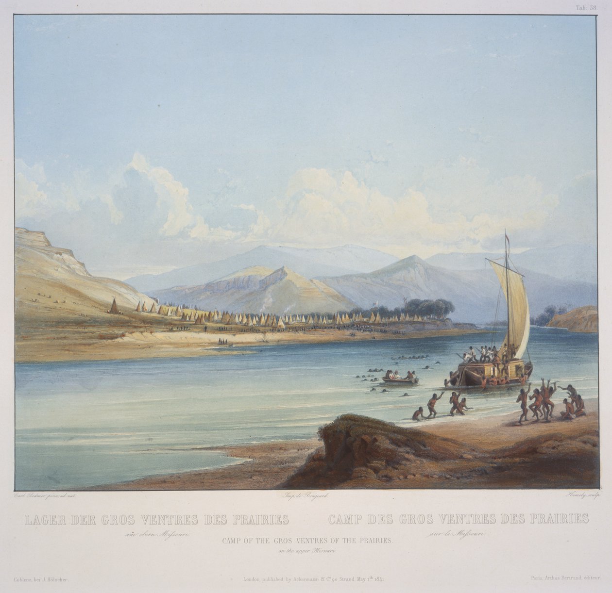 Gros Ventres of the Prairies -leiri Ylä-Missourissa tekijältä Karl Bodmer