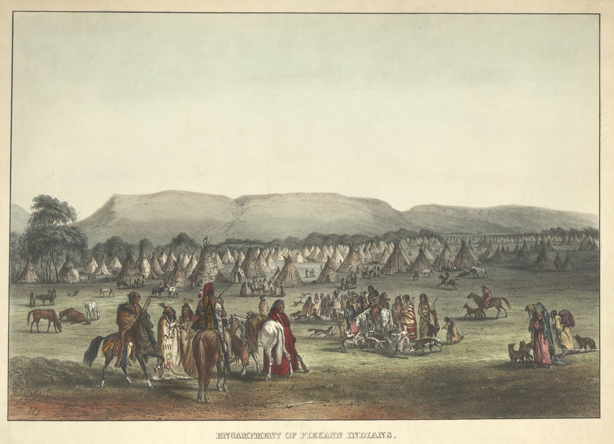 Piekannin intiaanien leiri, pubi. 1842 tekijältä Karl Bodmer