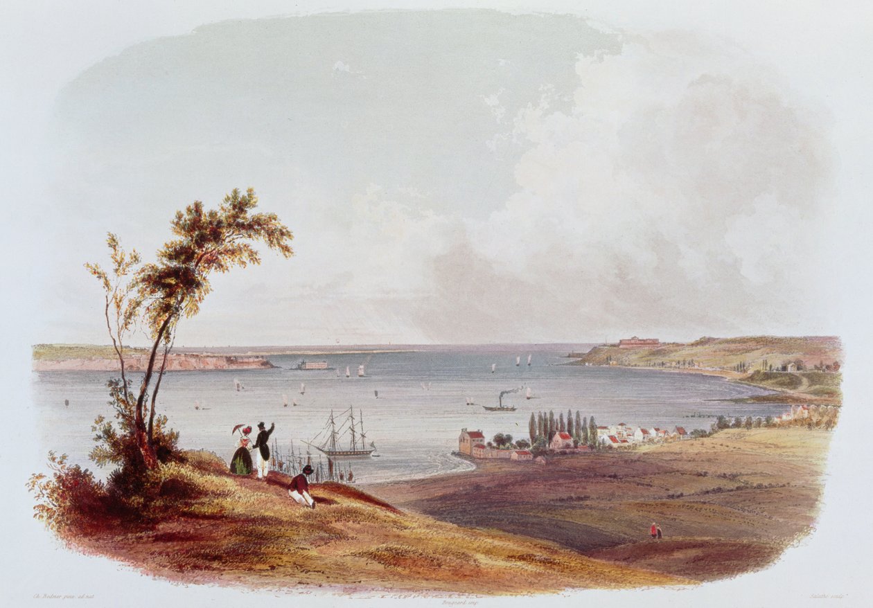 Pääsy New Yorkin lahdelle, Staten Island, kaiverrettu Salathe (väri litho) tekijältä Karl Bodmer