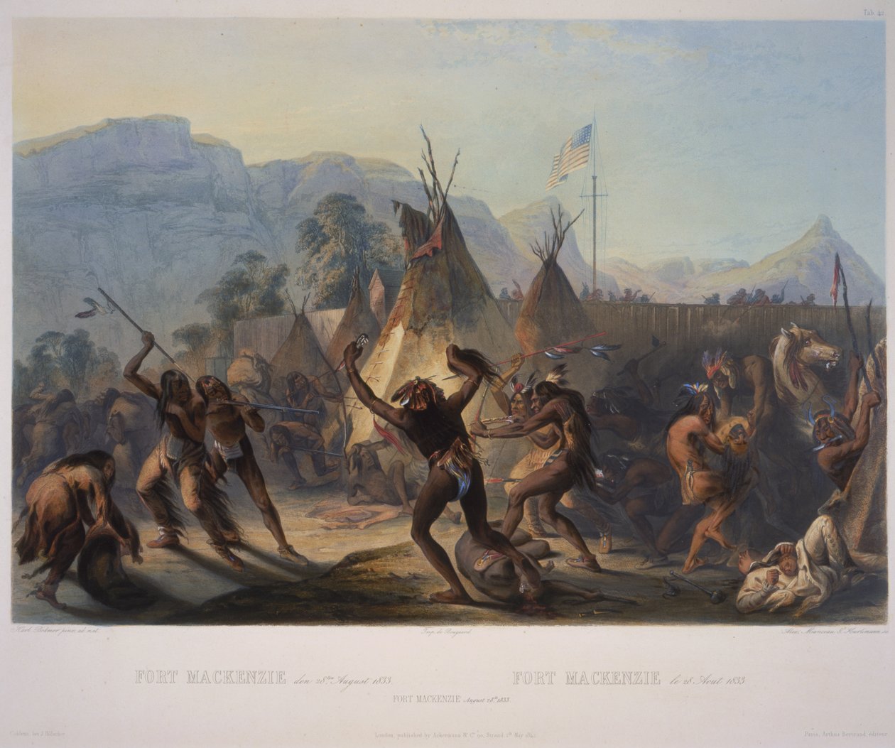 Fort McKenzie, 28. elokuuta 1833, kaiverrus Manceau und Hurliman, julkaistu vuonna 1842 (akvatinta) tekijältä Karl Bodmer