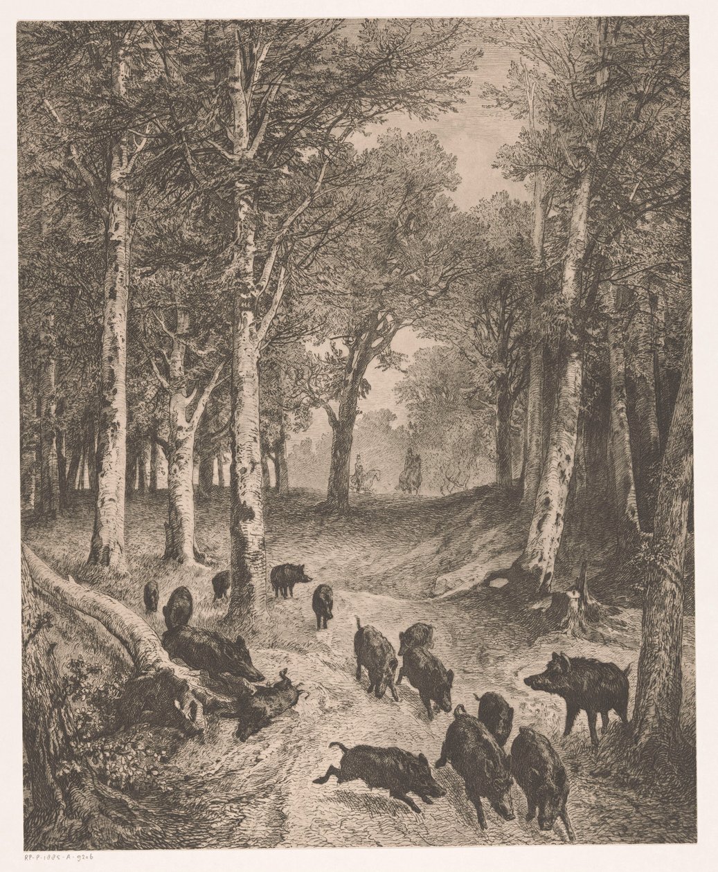 Ryhmä karjuja pakenemassa kahta metsästäjää hevosen selässä tekijältä Karl Bodmer