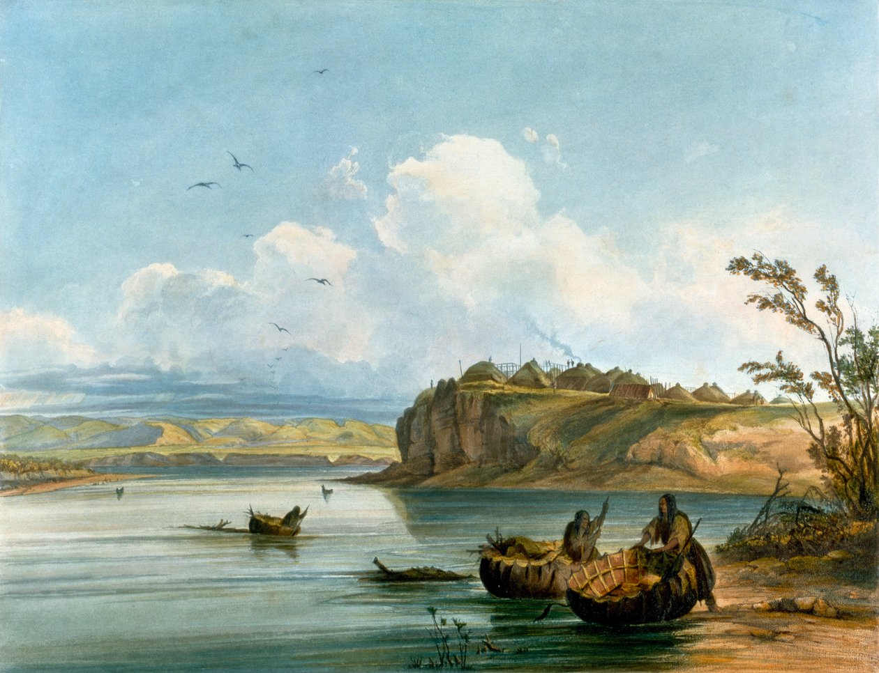 Mandanin intiaaninaiset ylittävät Missouri-joen puhvelinnahasta valmistetuilla veneillä, Native American Civilization, Yhdysvallat tekijältä Karl Bodmer