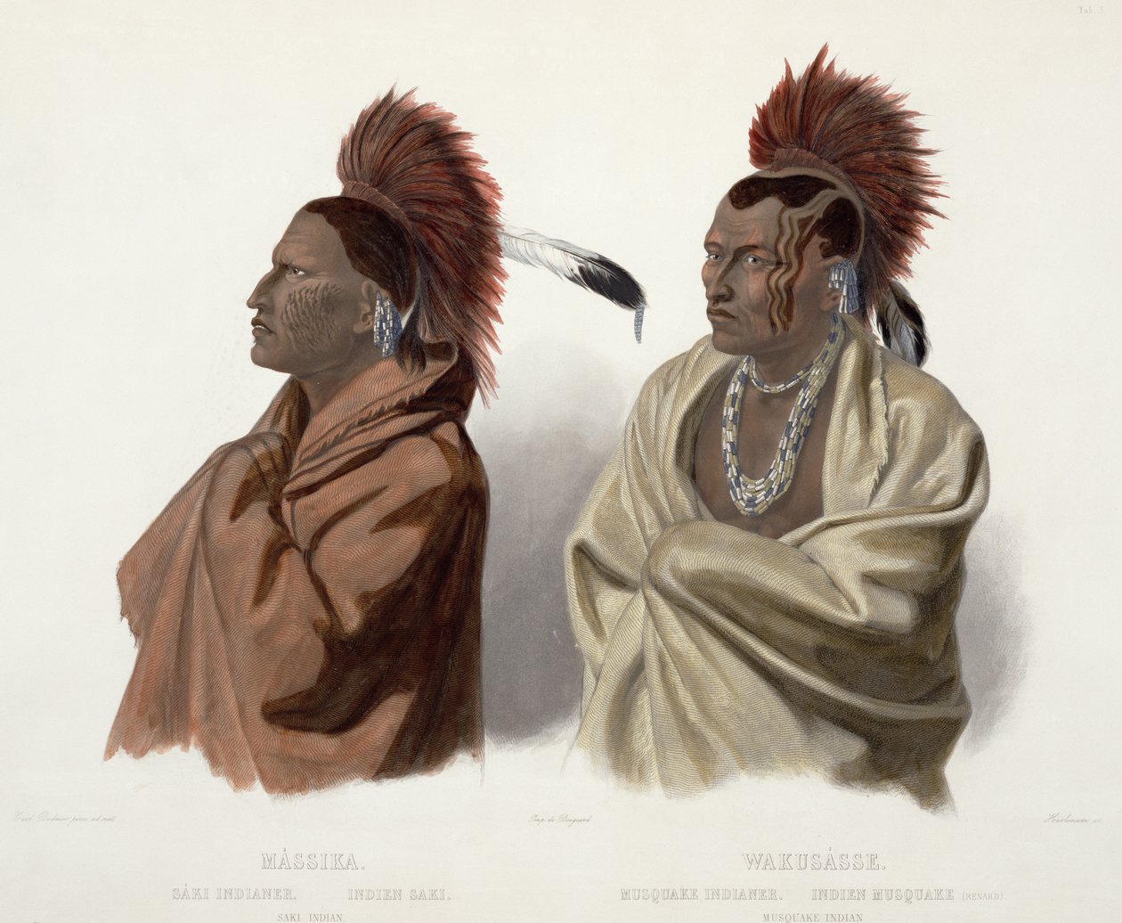 Massika, saki-intiaani ja Wakusasse, musquake-intiaani, levy 3 "Travels in the Interior of North America" -julkaisun 2. osasta, kaiverrus J. Hurlimann, 1844 (akvatinta) tekijältä Karl Bodmer