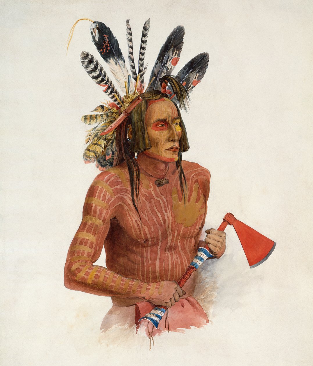 Mato-Tope, koristeltu hänen sotaisten tekojensa arvomerkeillä tekijältä Karl Bodmer