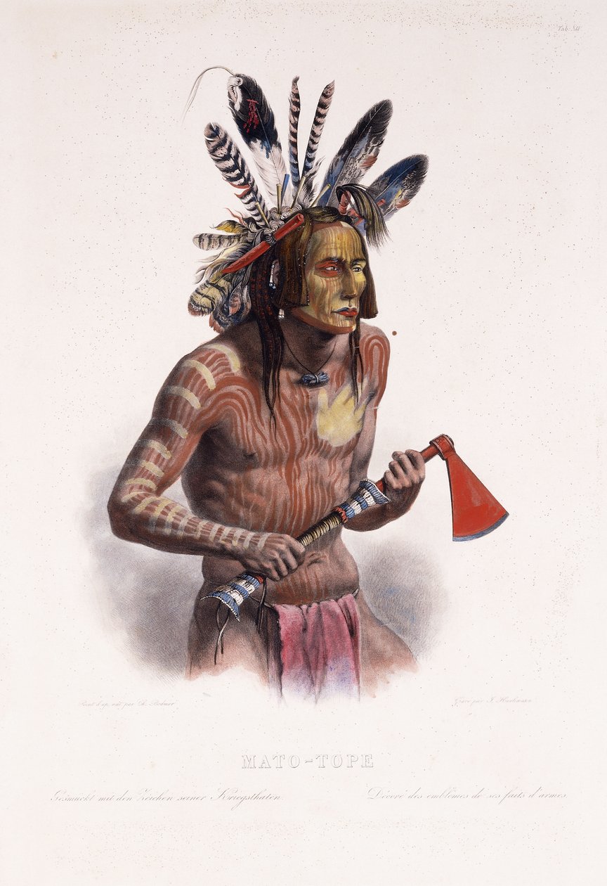 Mato-Tope, koristeltu hänen sotatekojensa arvomerkillä, 1844 tekijältä Karl Bodmer