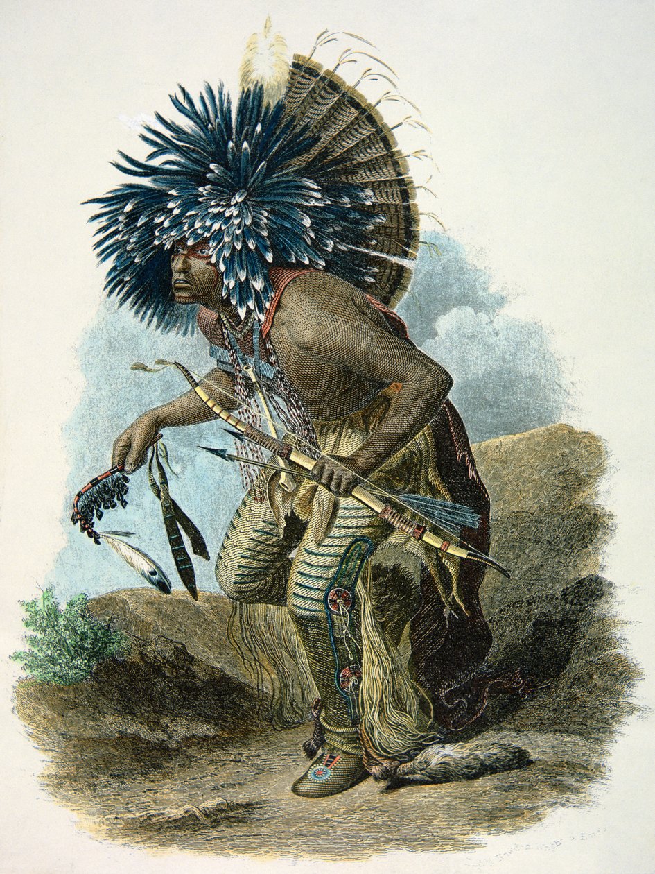 Mandan-heimon lääkemies koiratanssin asussa tekijältä Karl Bodmer