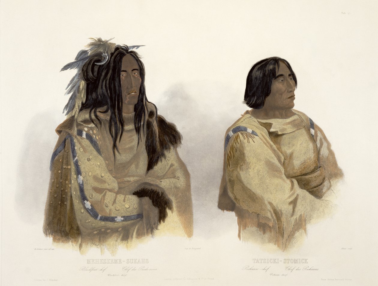 Mehkskeme-Sukahs, Blackfoot Chief ja Tatsicki-Stomick, Piekannin päällikkö, levy 45 "Travels in the Interior of North America" -julkaisun 2. osasta, kaiverrus Allais, 1844 (akvatinta) tekijältä Karl Bodmer