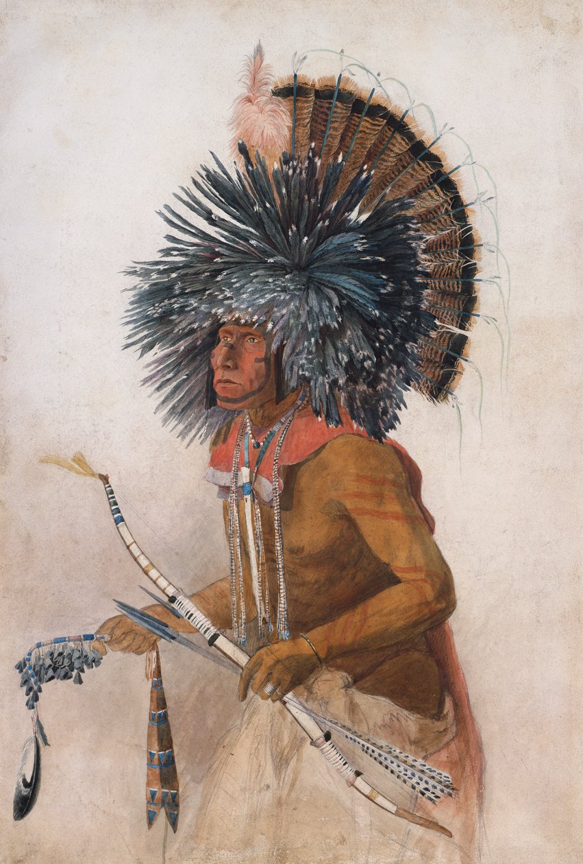 Pehriska-Ruhpa, Hidatsa-soturi Koiratanssin asussa tekijältä Karl Bodmer