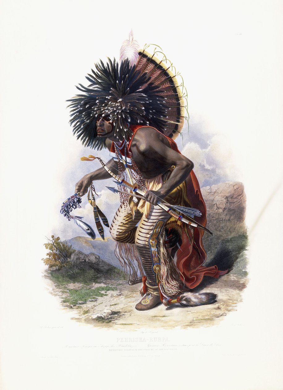 Pehriska-Ruhpa, Moennitarri soturi koiratanssin puvussa, 1840 tekijältä Karl Bodmer