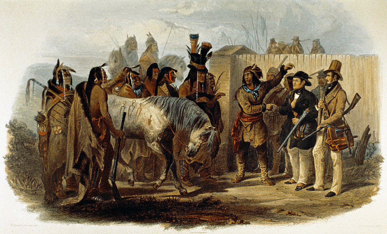 Prinssi Max von Wied-Neuwied (1782-1867) ja Karl Bodmer tervehtivät Hidatsa-intiaanit tekijältä Karl Bodmer