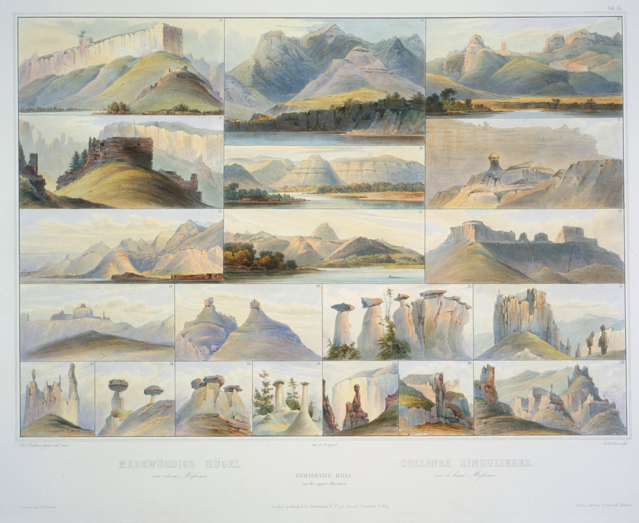 Merkittävät kukkulat Ylä-Missourissa tekijältä Karl Bodmer