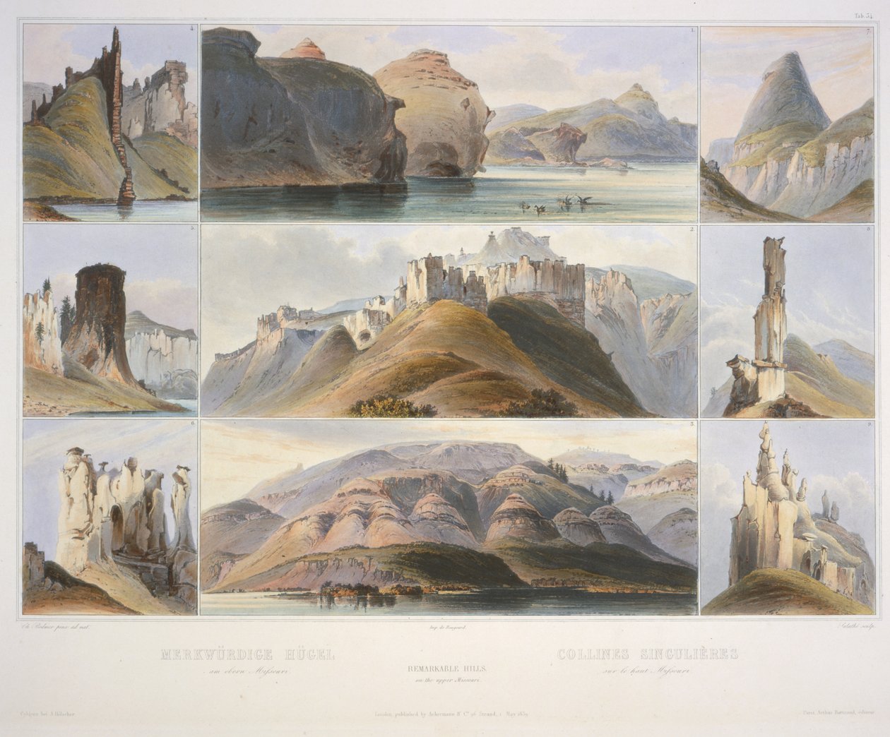Merkittäviä kukkuloita Missourin yläjuoksulla tekijältä Karl Bodmer