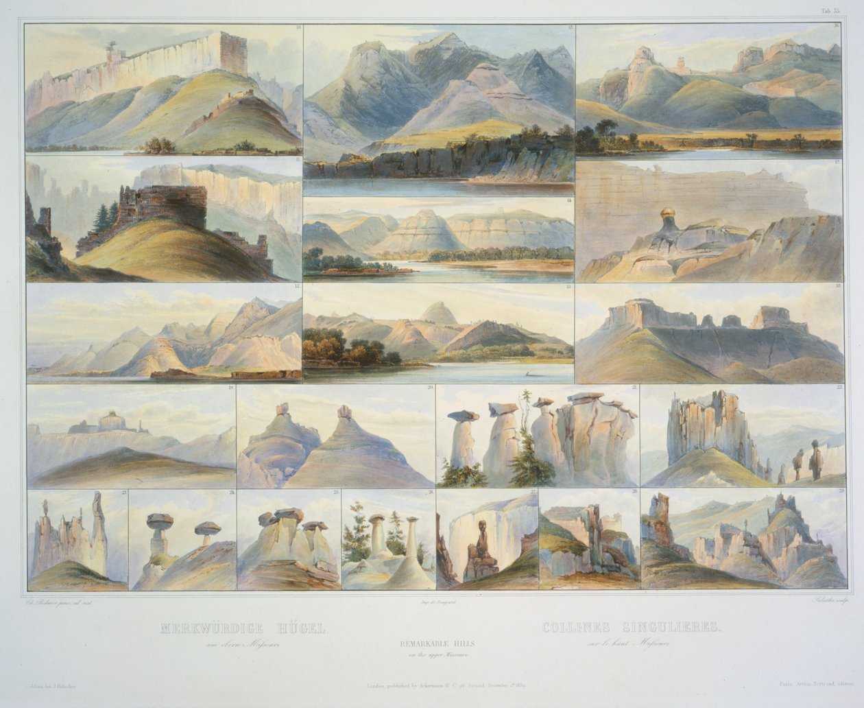 Remarkable Hills on the Upper Missouri, kaiverrettu F. Salathe, julkaistaan vuonna 1839 (akvatinta) tekijältä Karl Bodmer