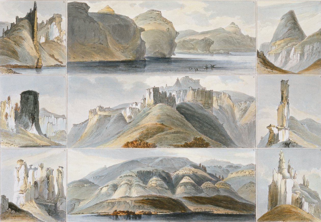 Merkittäviä kukkuloita Ylä-Missourissa, levy 34 kirjan "Travels in the Interior of North America" 2. osasta, kaiverrus Friedrich Salathe (1793-1858) 1844 (akvatinta) tekijältä Karl Bodmer