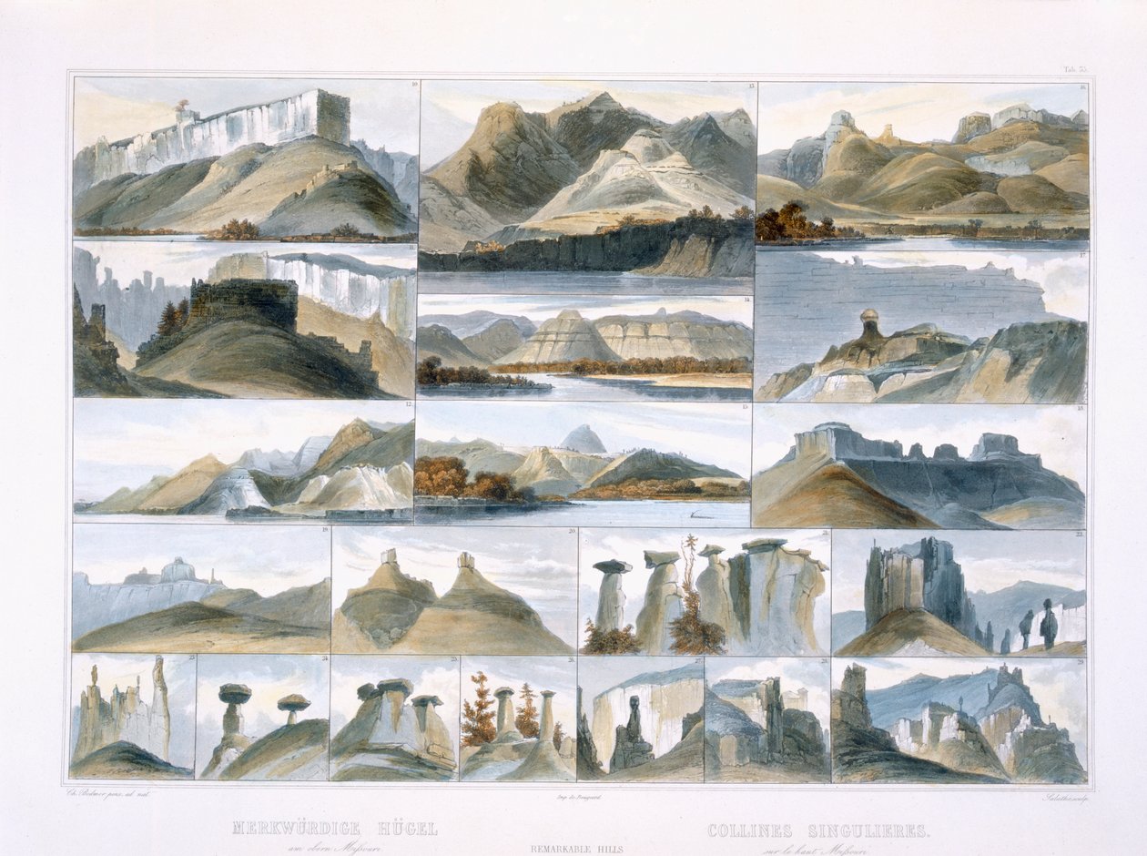 Merkittäviä kukkuloita Ylä-Missourissa, levy 35 kirjan "Travels in the Interior of North America" 2. osasta, kaiverrus Friedrich Salathe (1793-1858) 1844 (akvatinta) tekijältä Karl Bodmer
