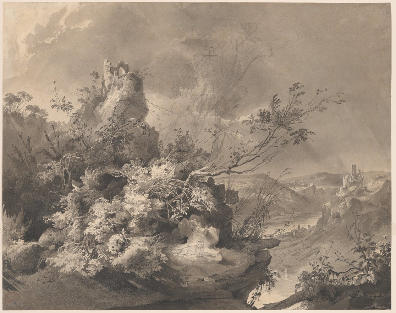 Raunioituneet tornit, joista on näkymät Reinille tekijältä Karl Bodmer