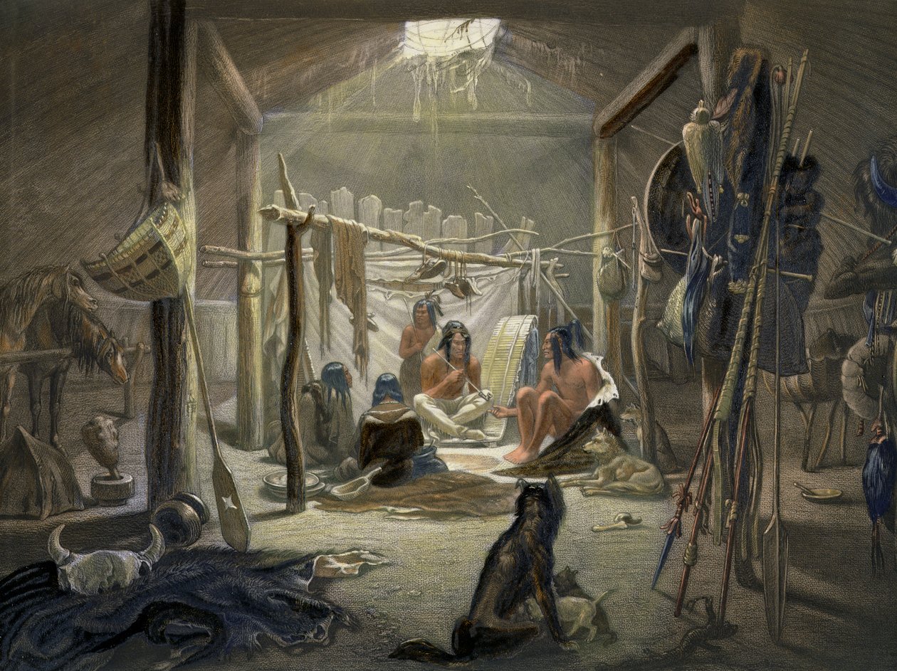 Mandan-heimopäällikön majan sisätilat, levy 19 teoksen Travels in the Interior of North America (Matkat Pohjois-Amerikan sisämaassa) niteestä 2, kaivertaja Narcisse Desmadryl, 1844, värillinen akvatintta, yksityiskohta 103848:sta. tekijältä Karl Bodmer