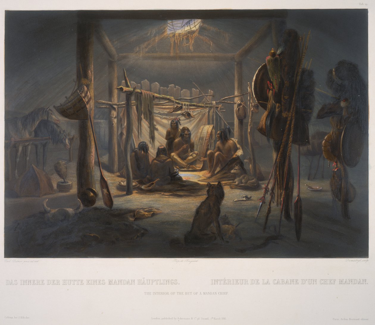 Mandanipäällikön majan sisustus tekijältä Karl Bodmer