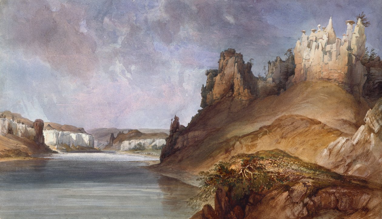 Näkymä Ylä-Missourin kivimuureille tekijältä Karl Bodmer