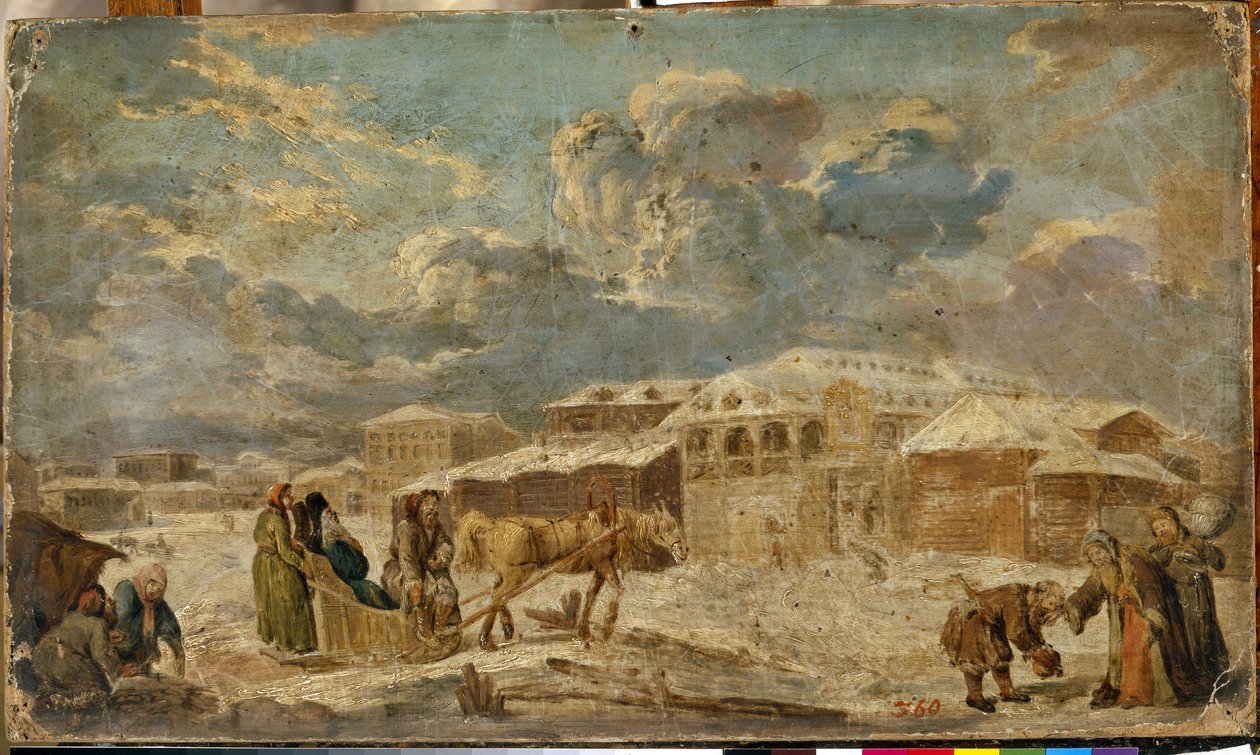 Kaupungin aukio talvella (Pietari). Kaupunkimaisema, rakennuksia ja puutaloja. Karl Friedrich Knappen (1745-1808) maalaus, öljy pahville, 1700-luvun toinen puoli. saksalainen taide tekijältä Karl Friedrich Knappe