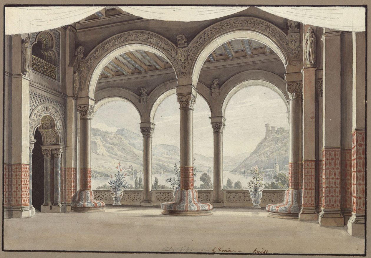Agnes von Hohenstaufen. Gaspare Spontinin ooppera. Luonnos 2. lavastukseen. Avoin sali tekijältä Karl Friedrich Schinkel